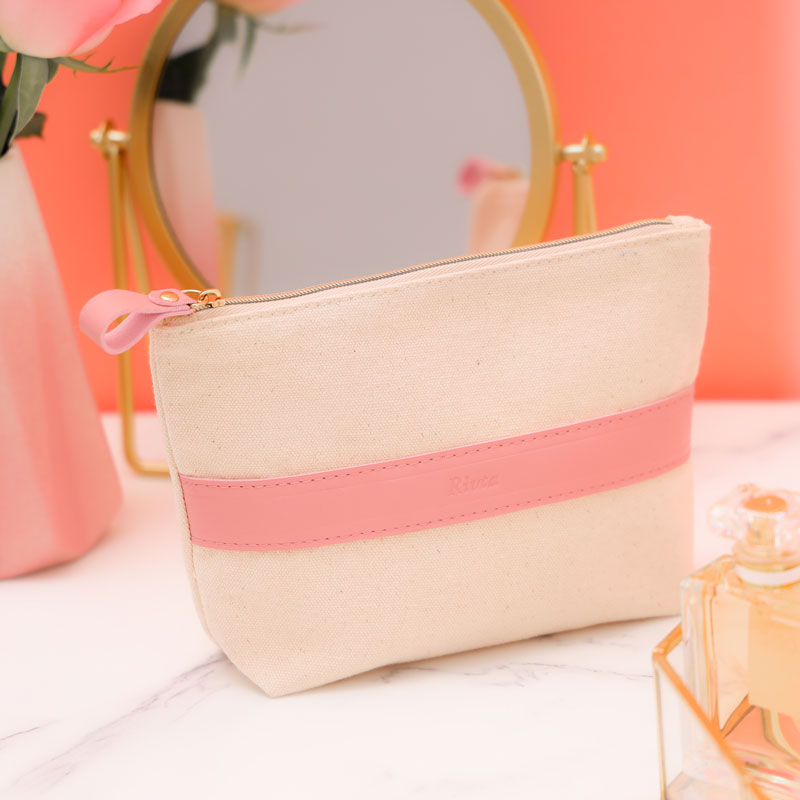 Cotton canvas with pink Pu stripe flat pouch-CBC115(4)
