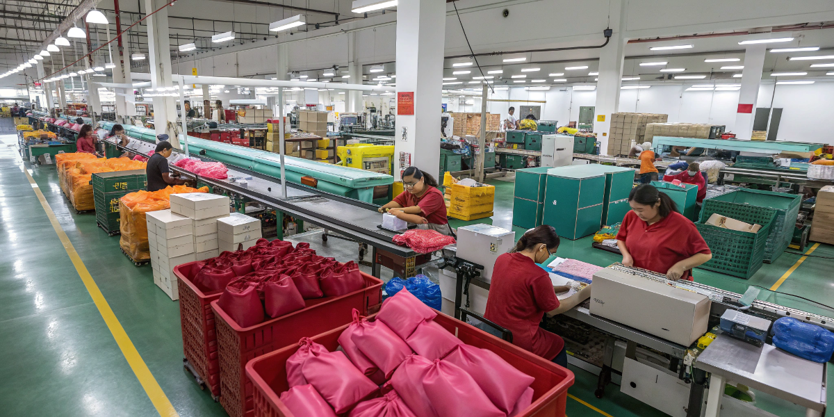 A bustling factory floor showing cosmetic bag production