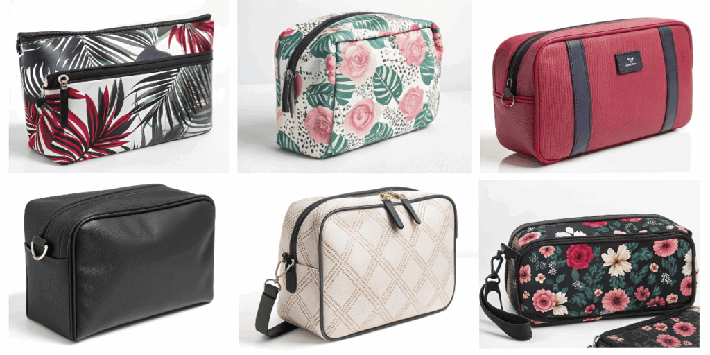 a catalog of different cosmetic bag styles that a