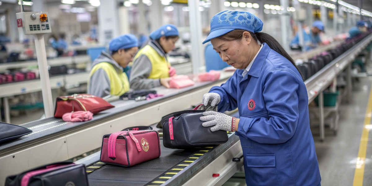 A buyer inspecting a cosmetic bag in a factory setting