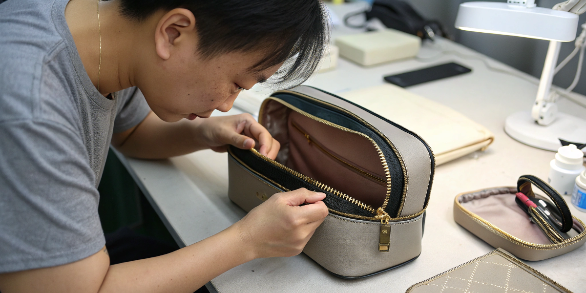 A Chinese person inspecting a prototype cosmetic bag