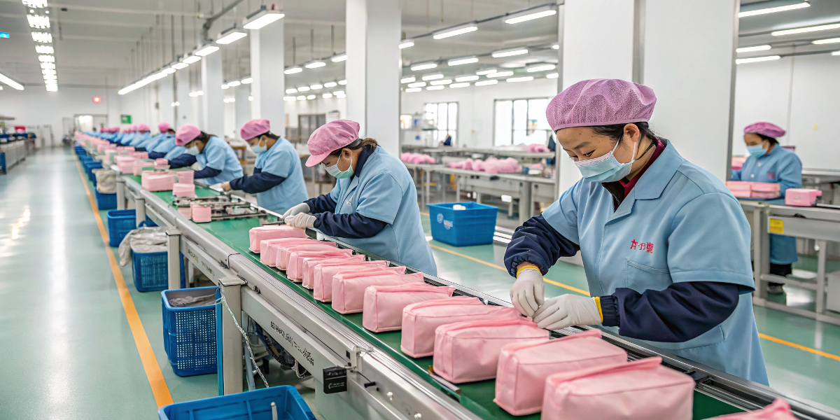 A clean and organized factory floor with Chinese workers