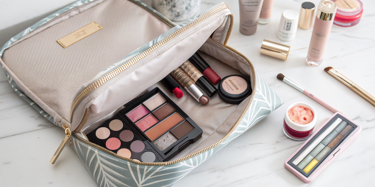 Beauty gift bag packaging flat lay with cards and label planning
