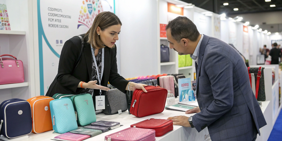A professional at a trade show booth discussing cosmetic bags with a buyer