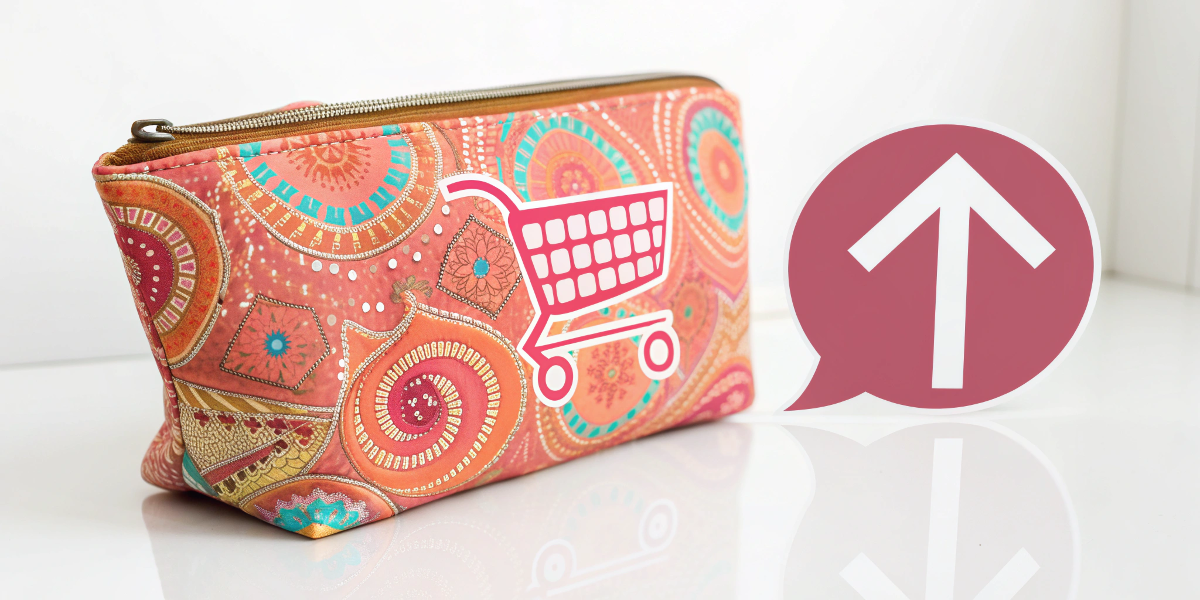 a stylish custom makeup bag next to a shopping cart icon with an upward arrow