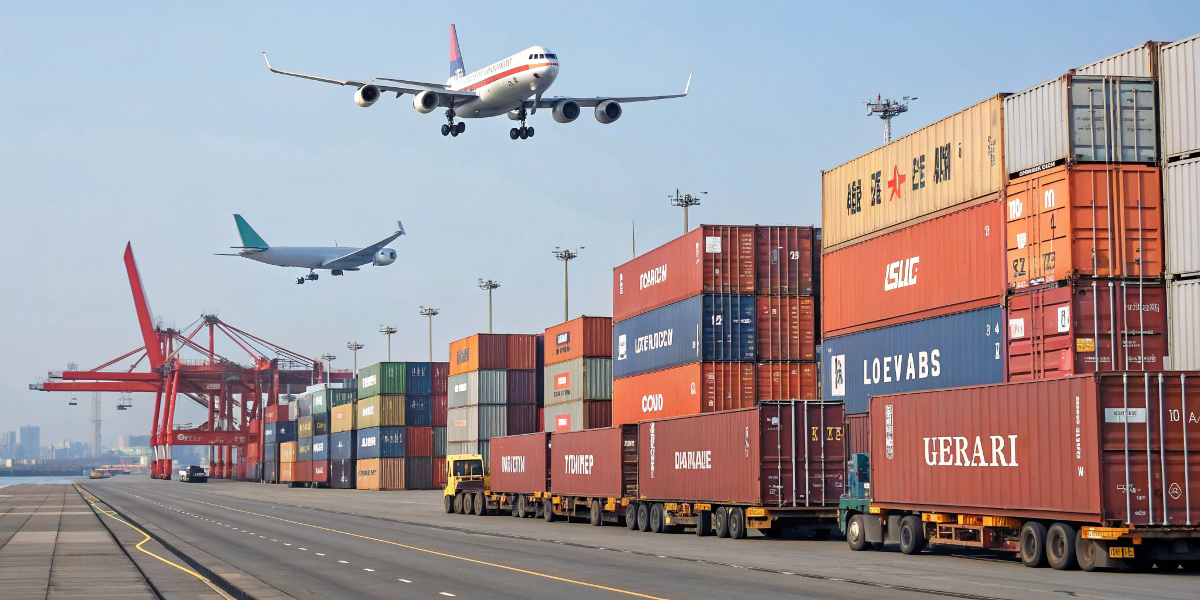 Shipping containers and cargo planes representing global logistics