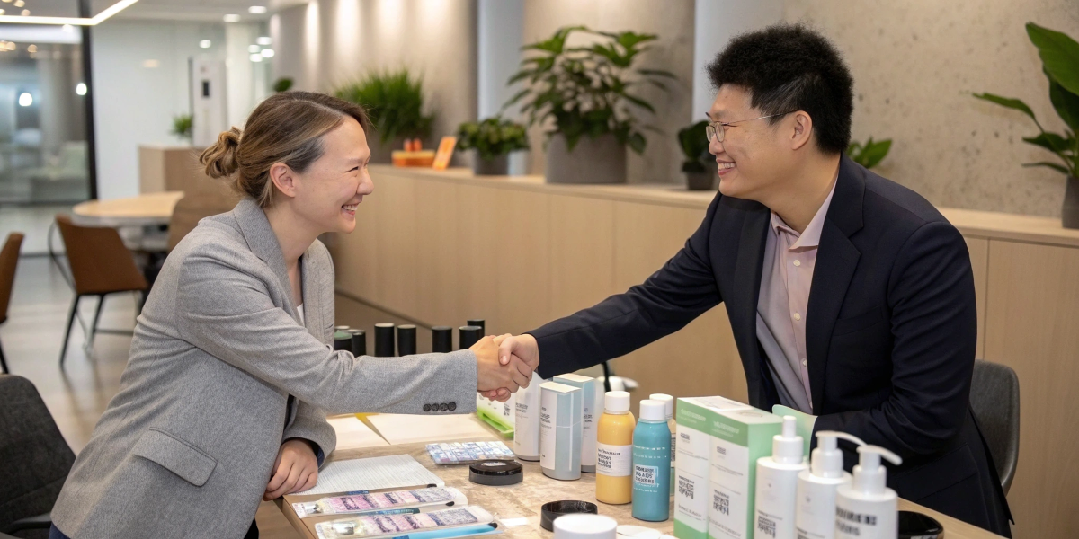 Two people from different cultures shaking hands over a table with product samples