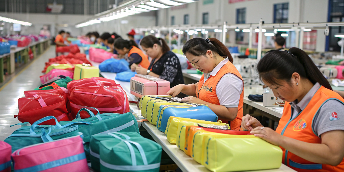 A busy factory floor with workers assembling cosmetic bags