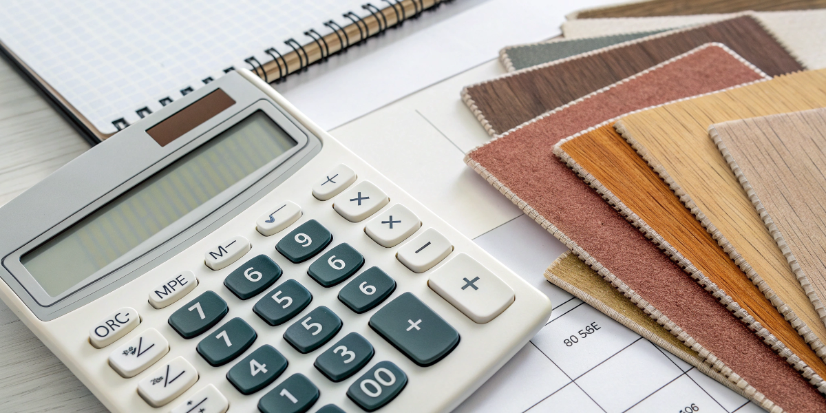 A calculator and material swatches showing cost savings