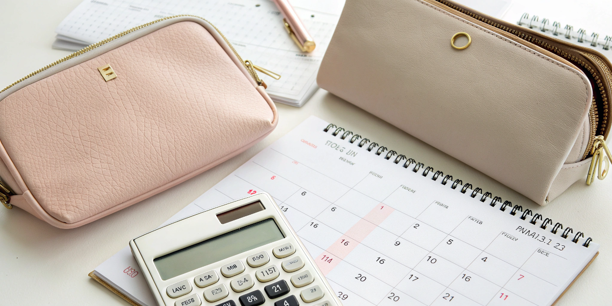 A calendar and a calculator next to cosmetic bag samples, representing planning