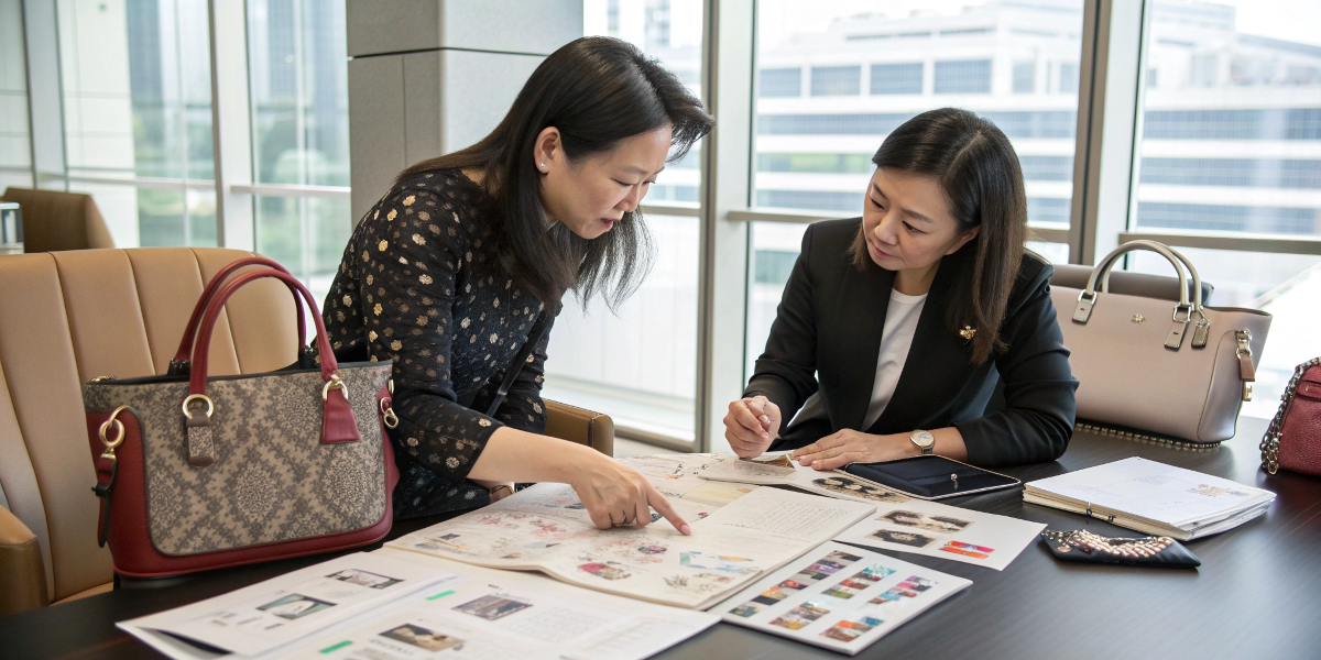 A designer and client reviewing cosmetic bag samples and sketches