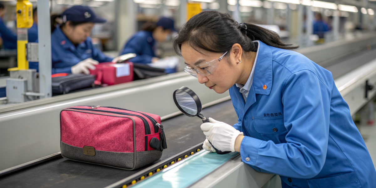 A quality control inspector examining a cosmetic bag on the production line