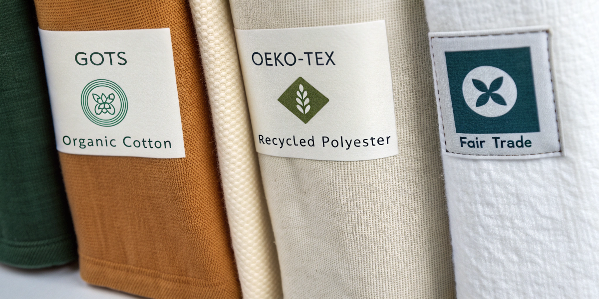 A close-up of sustainable material swatches with certification logos
