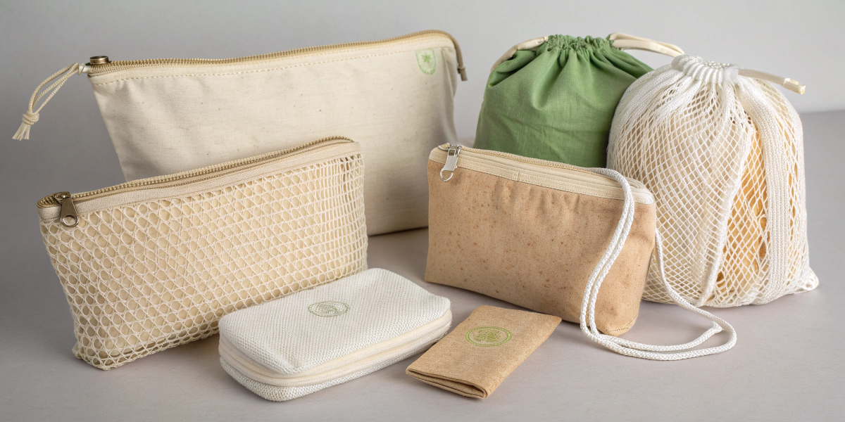 A collection of eco-friendly cosmetic bags made from different sustainable materials.