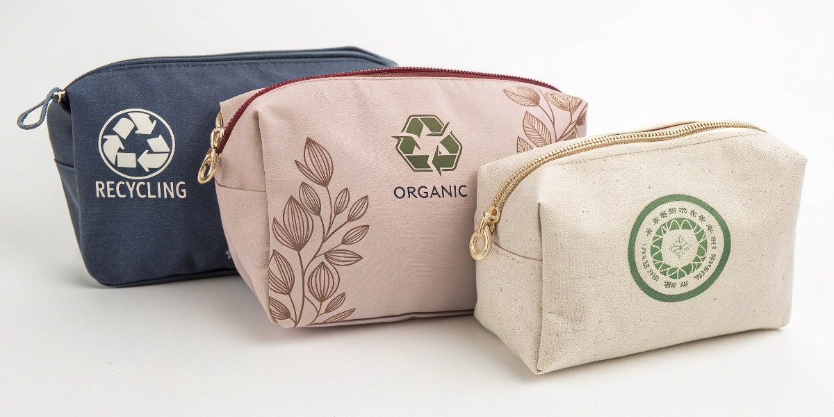 A collection of eco-friendly cosmetic bags with certification logos overlaid.