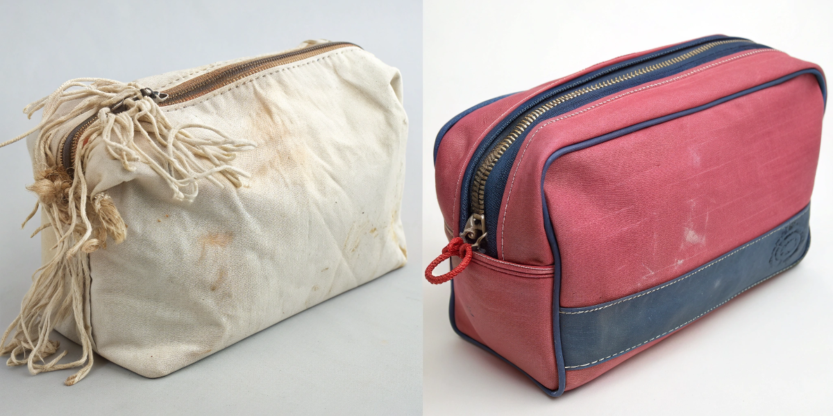 A comparison of a cheap, poorly made bag versus a well-constructed, quality cosmetic bag.