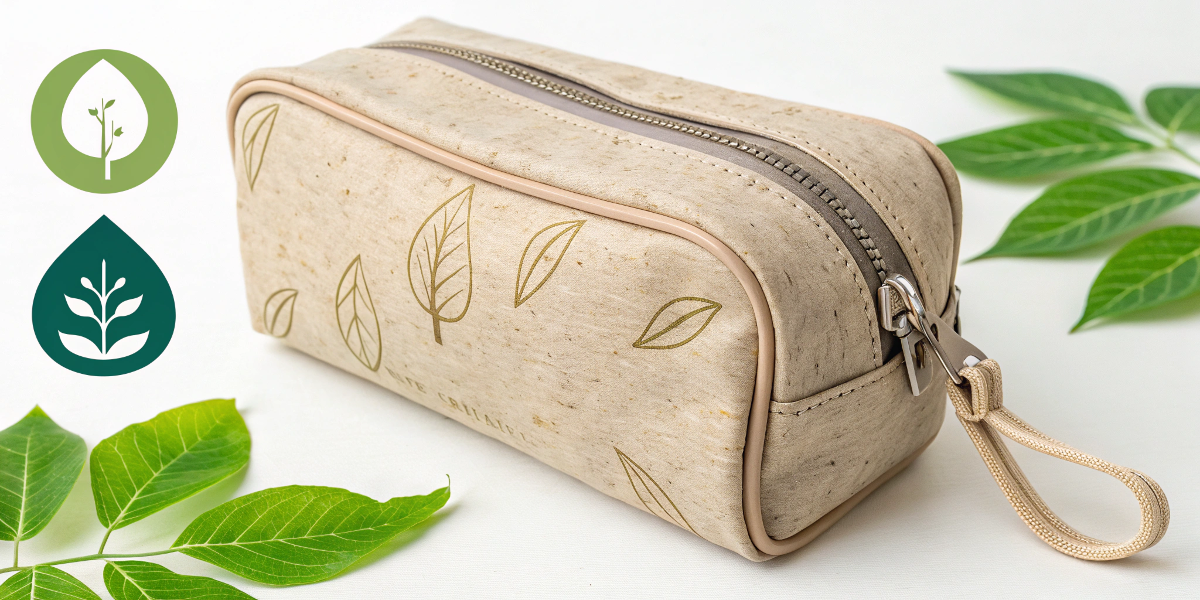 A cosmetic bag made from recycled materials, with green leaf icons nearby