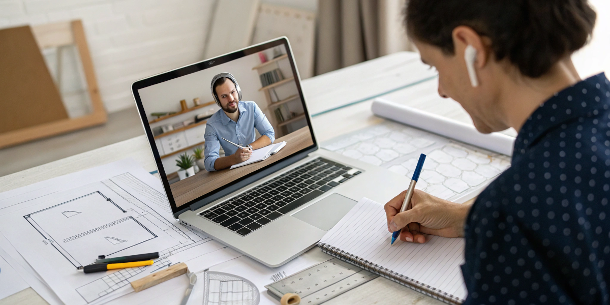 A designer on a video call with a manufacturer, taking notes.