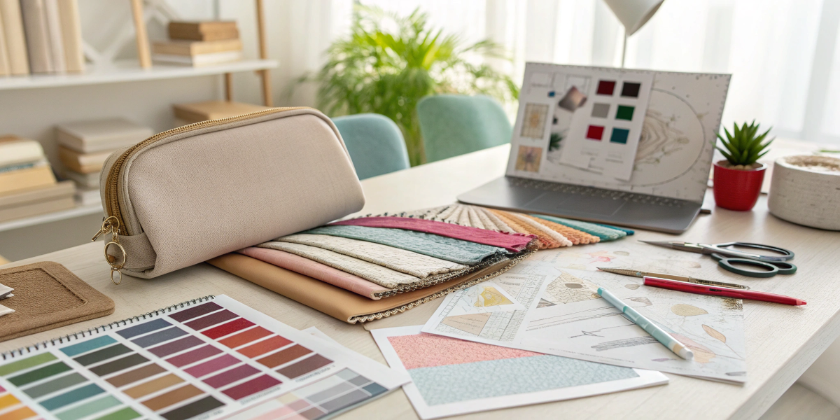 A designer's desk with fabric swatches, color palettes, and sketches for a cosmetic bag