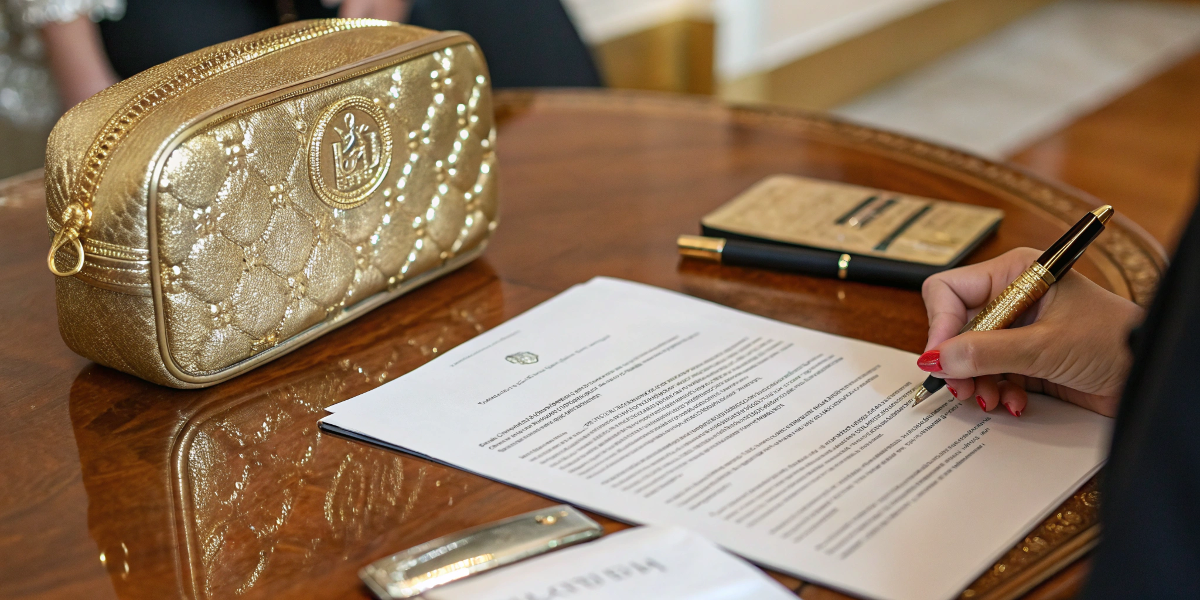 A detailed contract being signed, with a golden sample of a makeup bag sitting next to it.