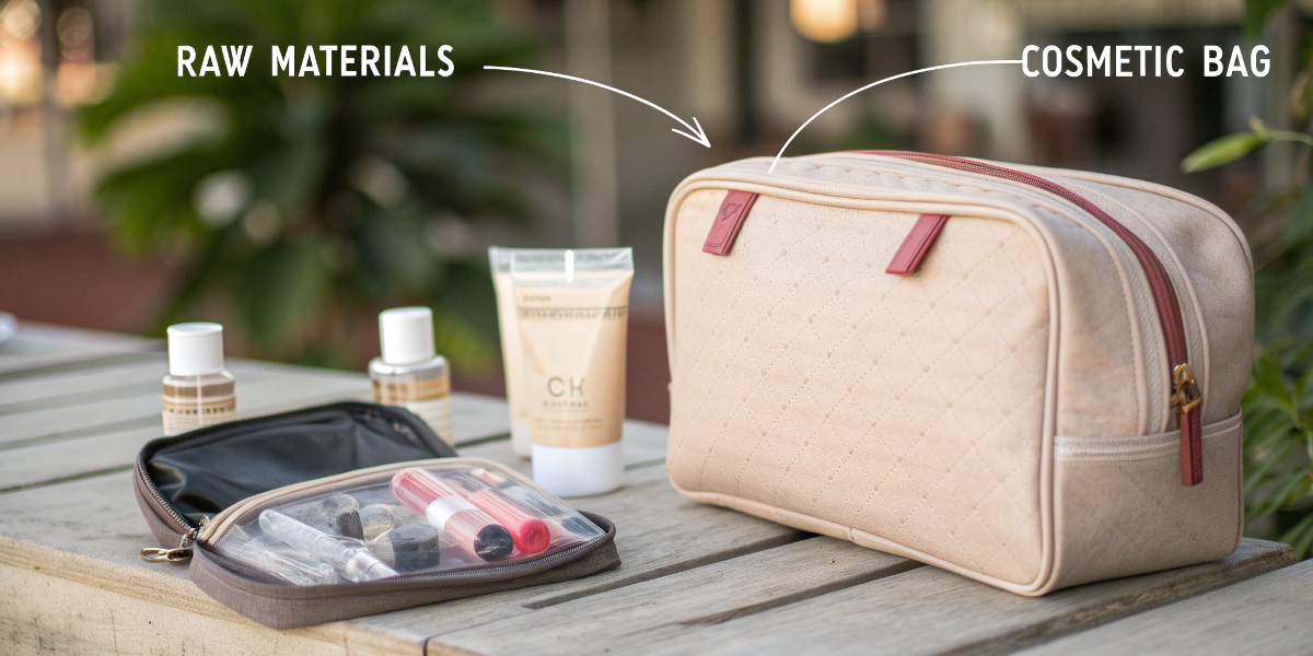 A diagram showing a transparent supply chain from raw material to finished cosmetic bag.