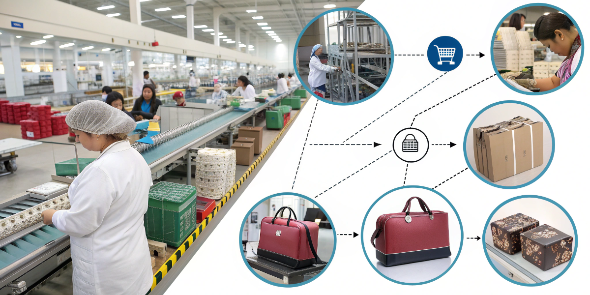 A diagram showing the supply chain from raw material to finished cosmetic bag.