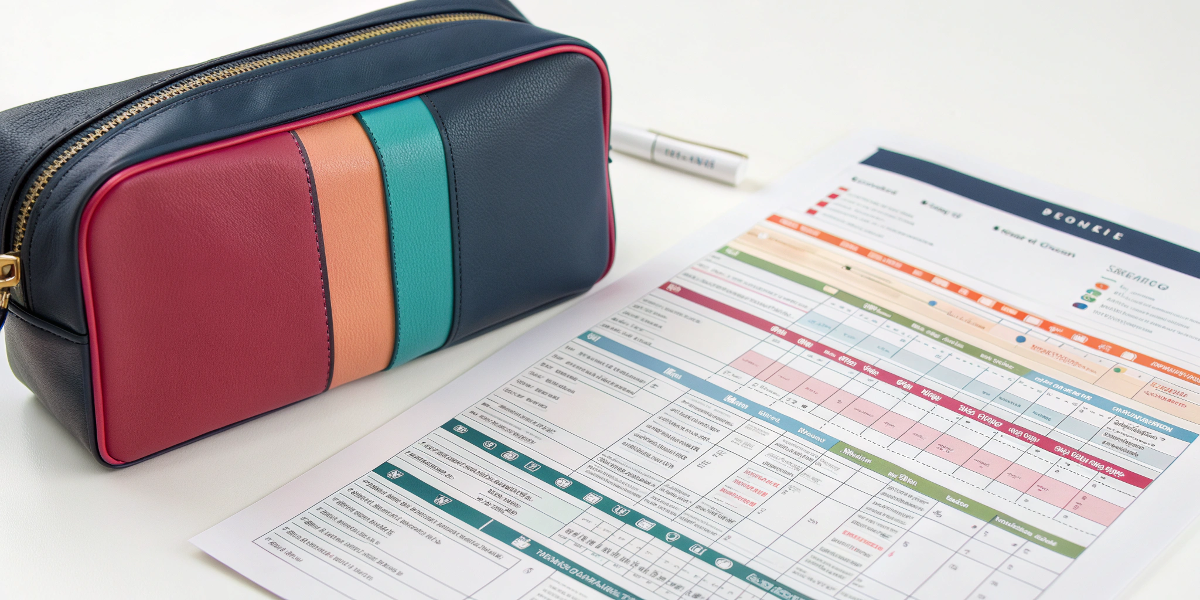 A high-quality cosmetic bag sample next to a detailed production timeline document.