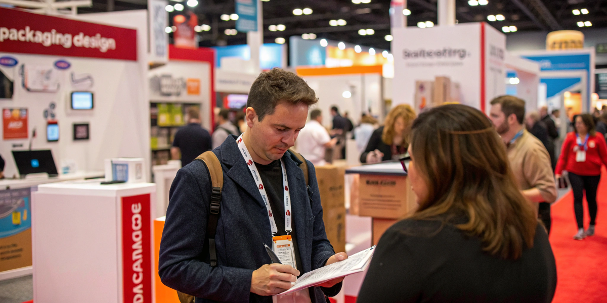 A person networking at a busy industry trade show for packaging and design.