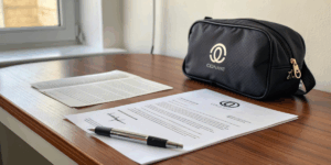 a signed agreement and a cosmetic bag with a brand