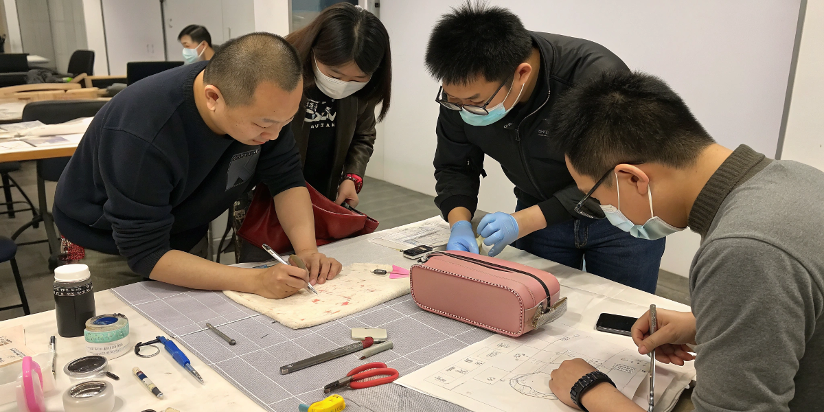 A team of designers and manufacturers collaborating on a cosmetic bag prototype