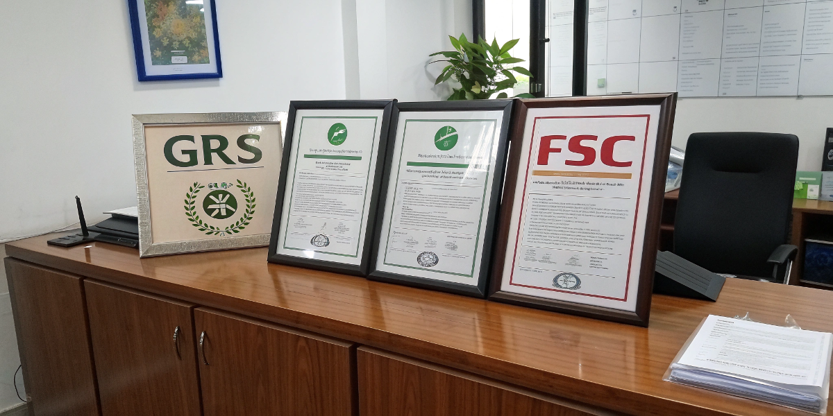 Certificates like GRS and FSC displayed to show verification of sustainable claims.