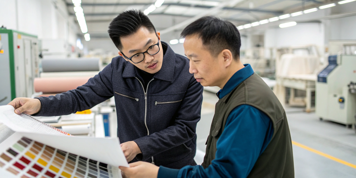 Designer pointing to a material swatch while talking with a factory manager