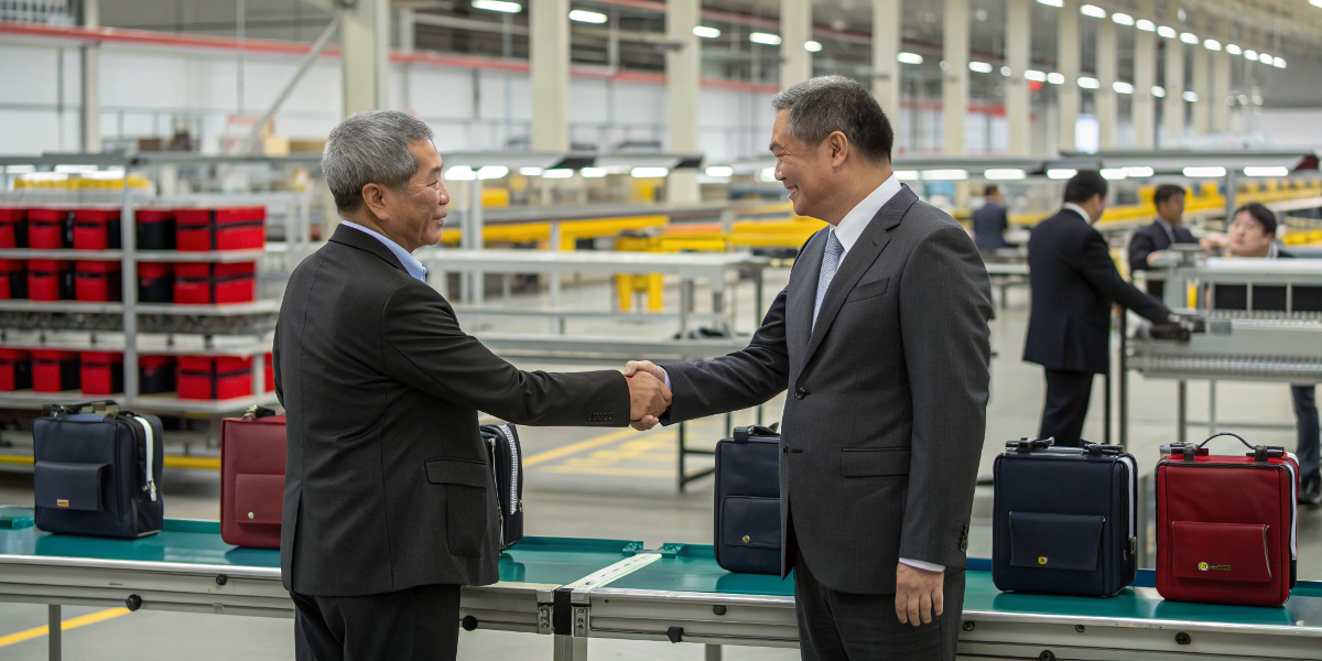 Two business leaders shaking hands in a factory setting