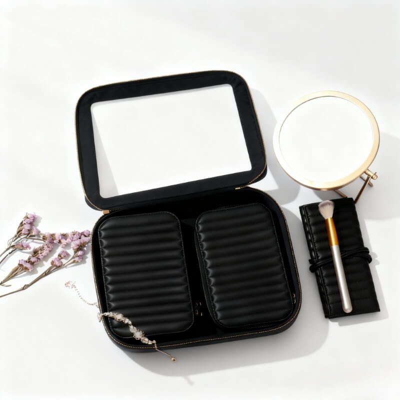 Vanity case interior divider and mirror layout for product fit approval