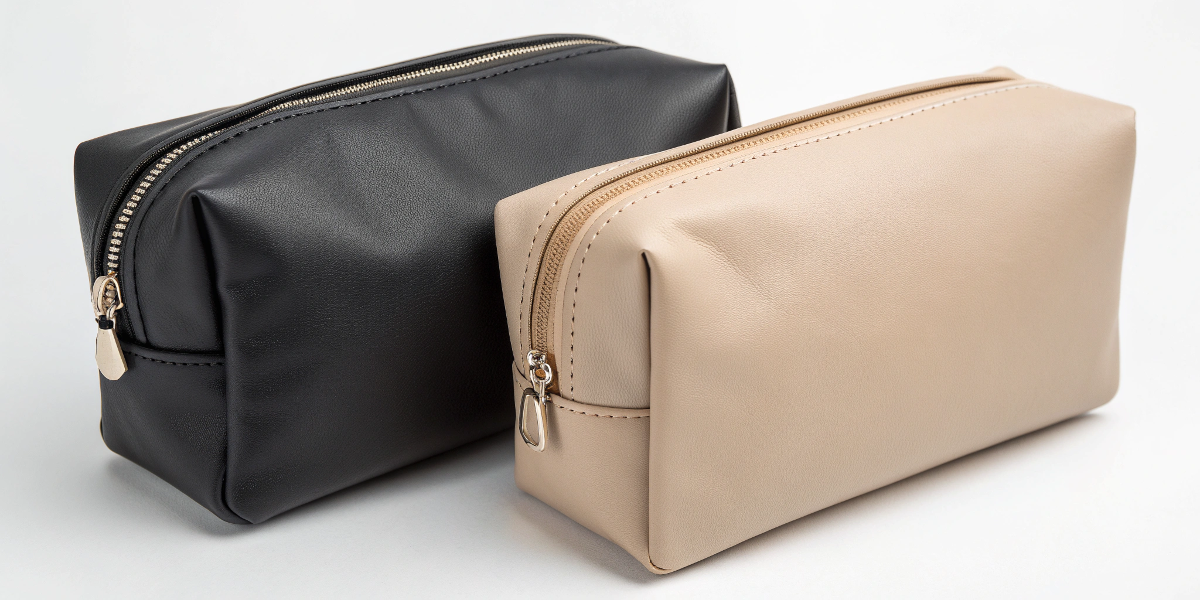 A close-up of a stylish rPET cosmetic bag next to a vegan leather one.