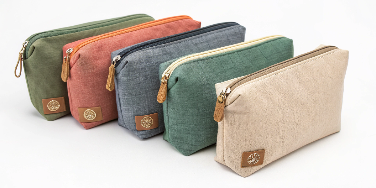 A collection of eco-friendly cosmetic bags made from different sustainable fabrics.
