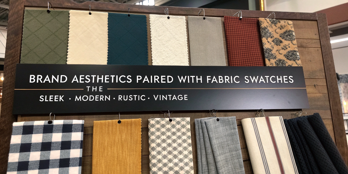 A mood board showing different brand aesthetics matched with fabric swatches.