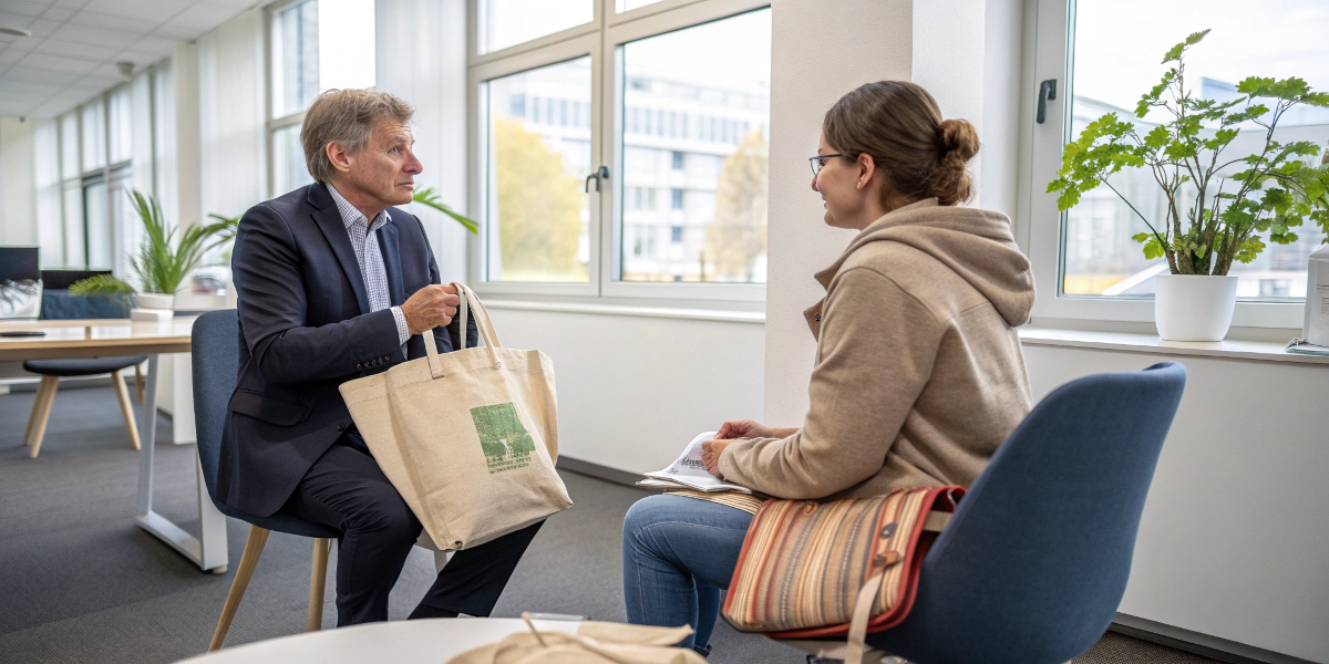 a senior buyer interviewing an eco-friendly cosmetic bag manufacturer