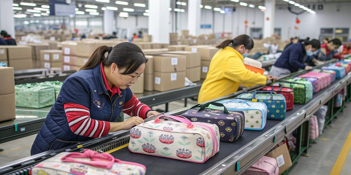 cosmetic bags being packaged and prepared for shipment in a factory
