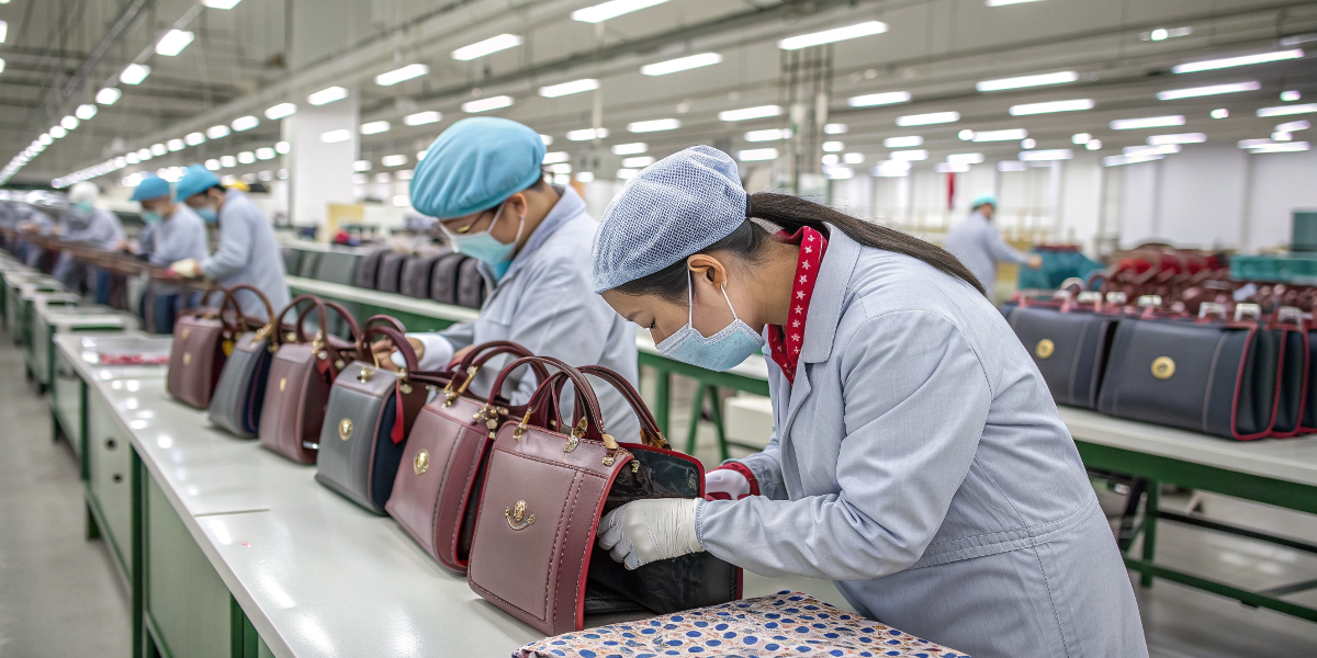 quality control inspection of cosmetic bags in a factory