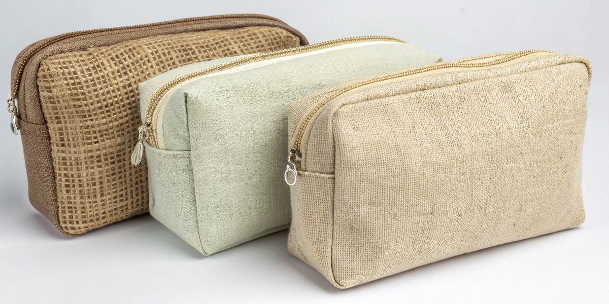 Cosmetic bags in organic cotton, hemp, and jute to show texture differences.
