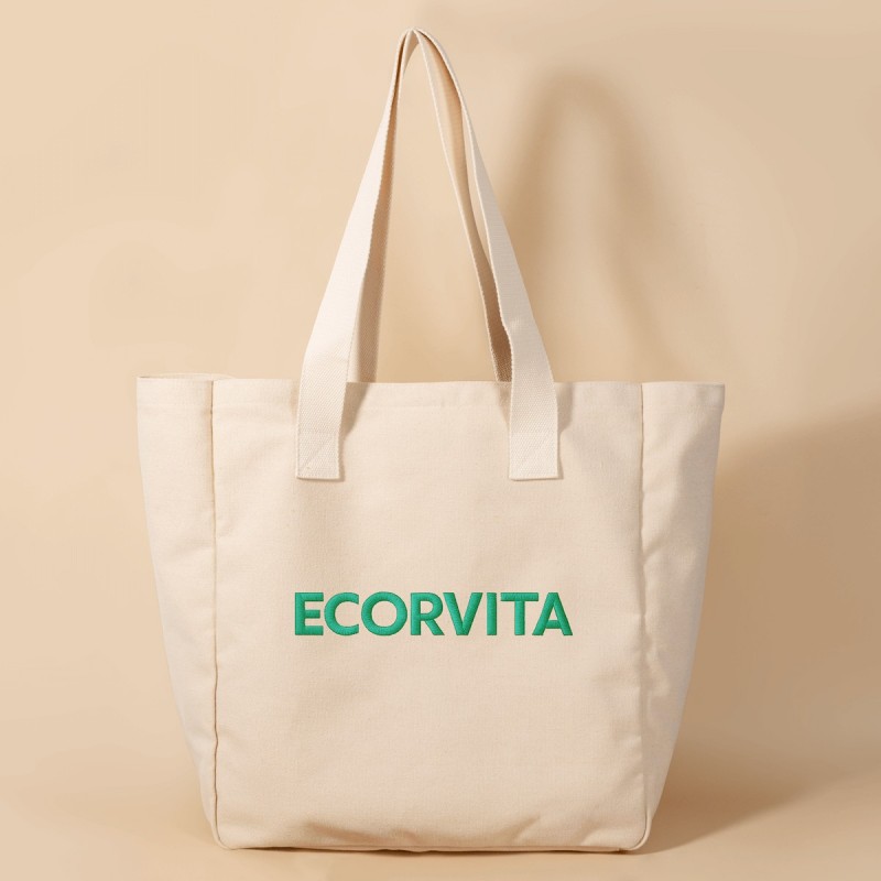The Artisan tote style customized with an embroidered logo on heavyweight organic cotton.