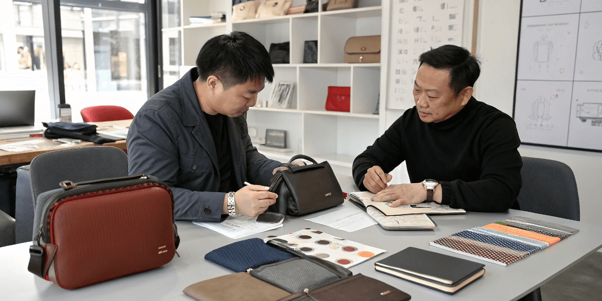 A designer and a manufacturer discussing new cosmetic bag prototypes and material samples.