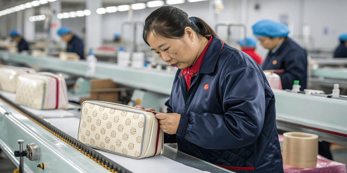 A factory worker inspecting a PVC cosmetic bag on a production line.