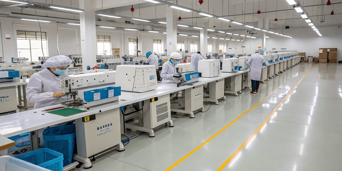A clean and organized factory floor with modern, efficient machinery.