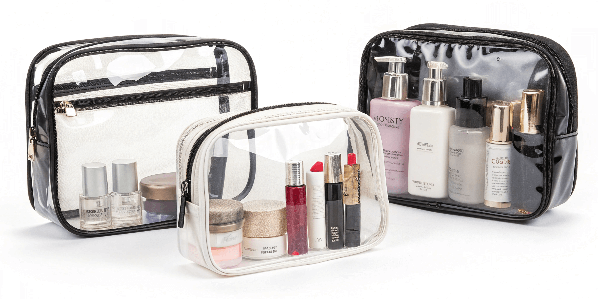 A collection of high-quality transparent PVC cosmetic bags, highlighting their clarity and durability.