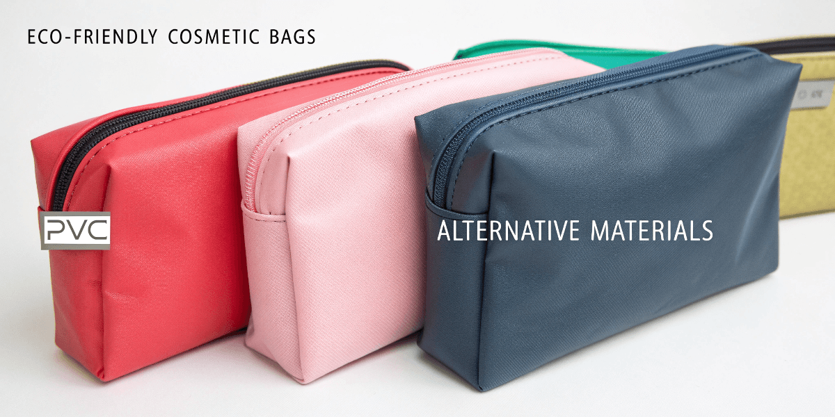 A collection of eco-friendly PVC and alternative material cosmetic bags.