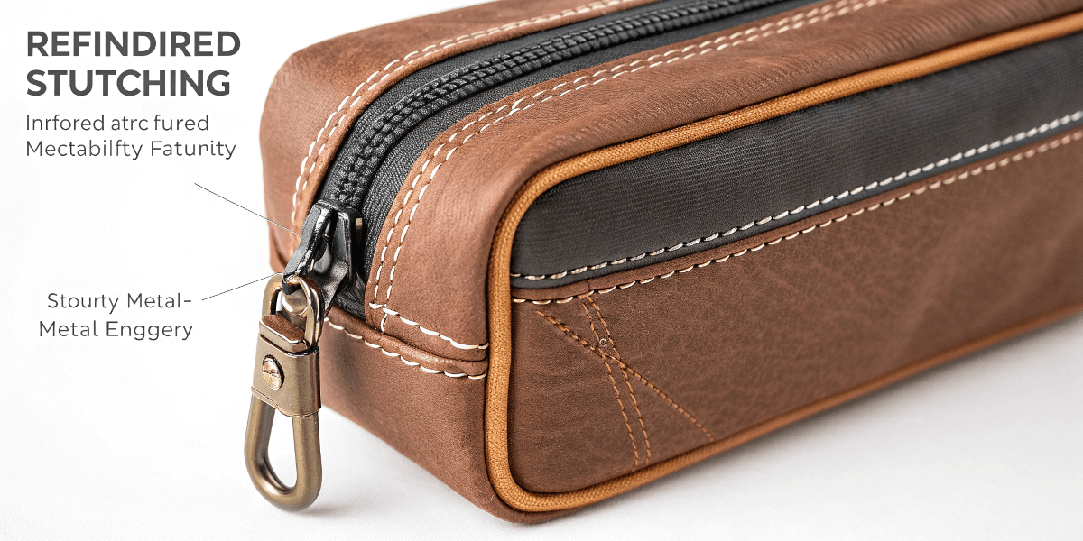 A cosmetic bag showing reinforced stitching and a sturdy metal zipper.