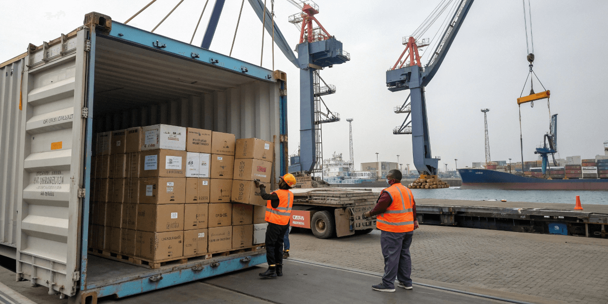 A shipping container being loaded with boxes of cosmetic bags at a port.