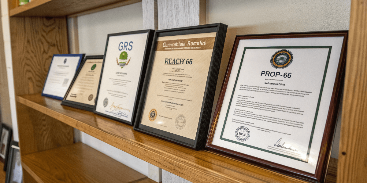 Certificates like GRS, REACH, and Prop 65 displayed.